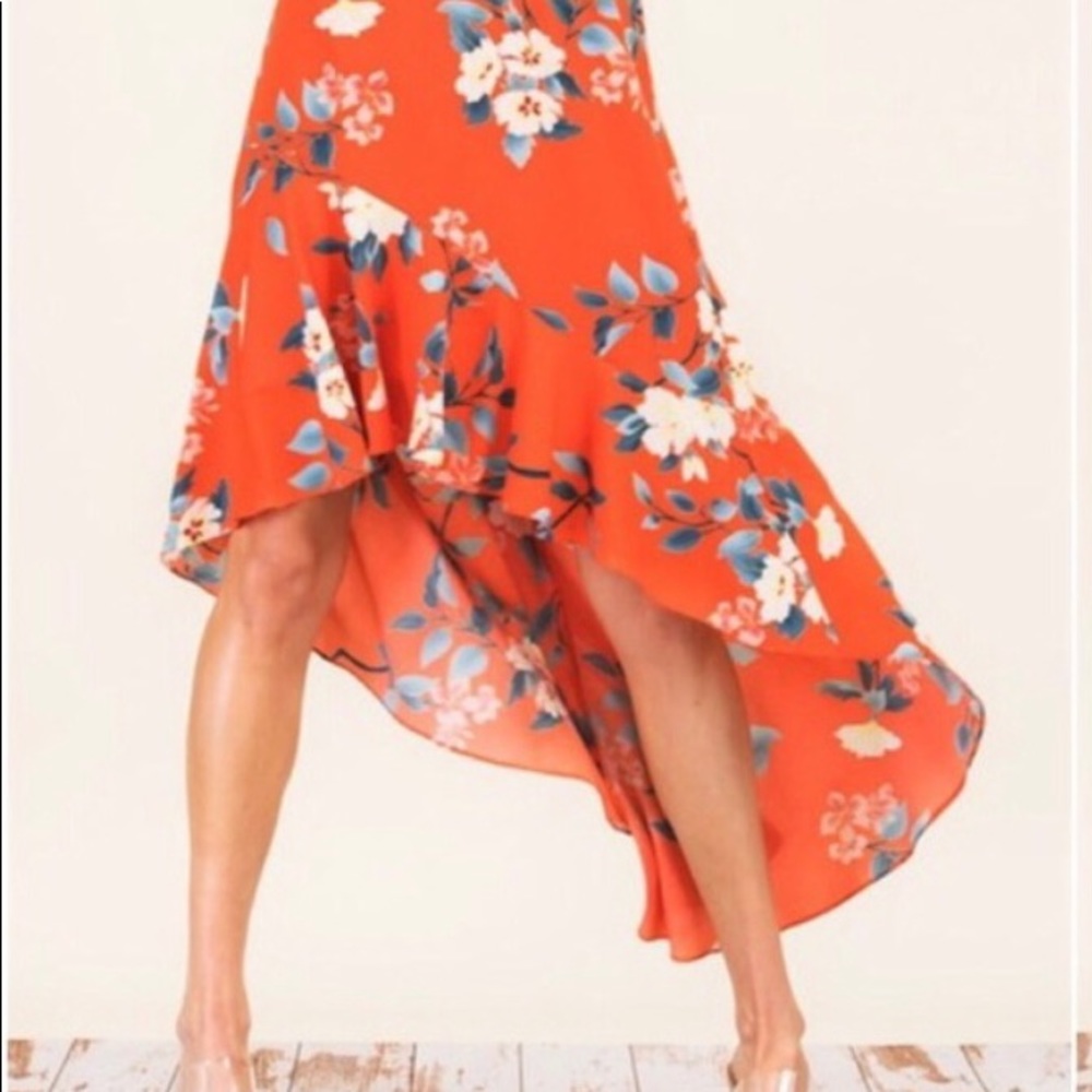 🎉HOST PICK🎉 Floral asymmetrical dress in gorgeous tangerine color - Picture 5 of 6